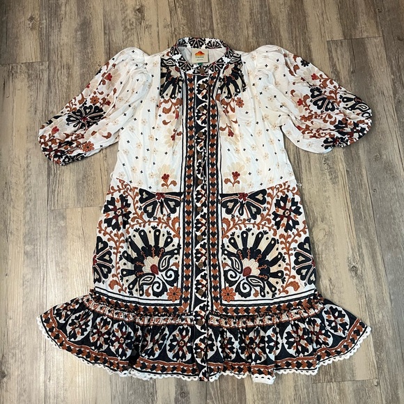 Farm Rio Flower Fan Off White Tapestry Dress Puff Sleeve Button Down Size Small - Picture 2 of 14